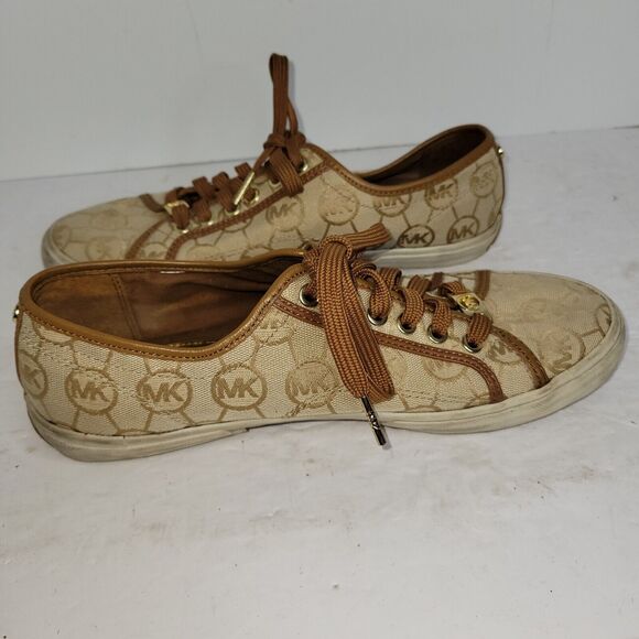Michael Kors Womens Sz 9.5 M Brown MK Monogram Canvas Beige Sneakers Preppy Gold - Picture 12 of 14